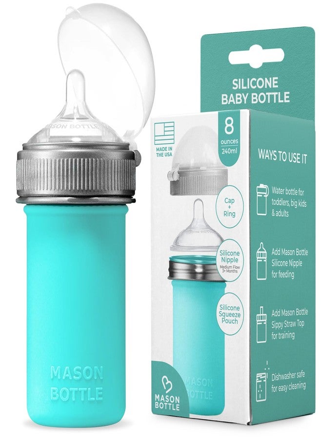 Mason Bottle 8oz Silicone Baby Bottle with Medium Flow Nipple (3+ Months) – Breastfeeding Bottle, Reusable Silicone Squeeze Pouch – BPA & BPS-Free, Non-Toxic, Made in USA (Teal) - Image 1